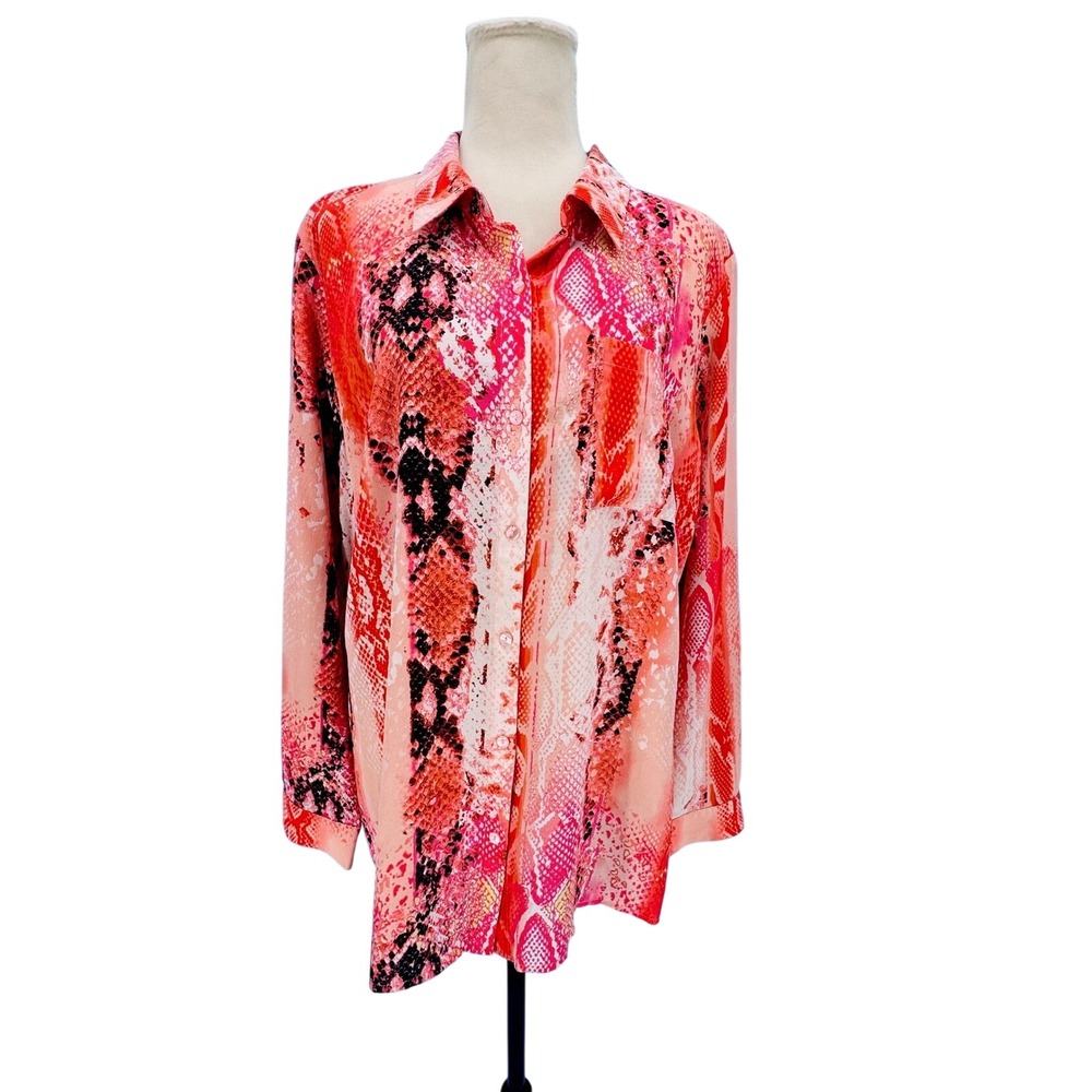 Worthington Womens‎ XL Silk Top Orange Pink Snakeskin Animal Print Button Down